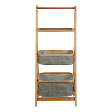 Wooden shelf with two gray fabric baskets on a white background
