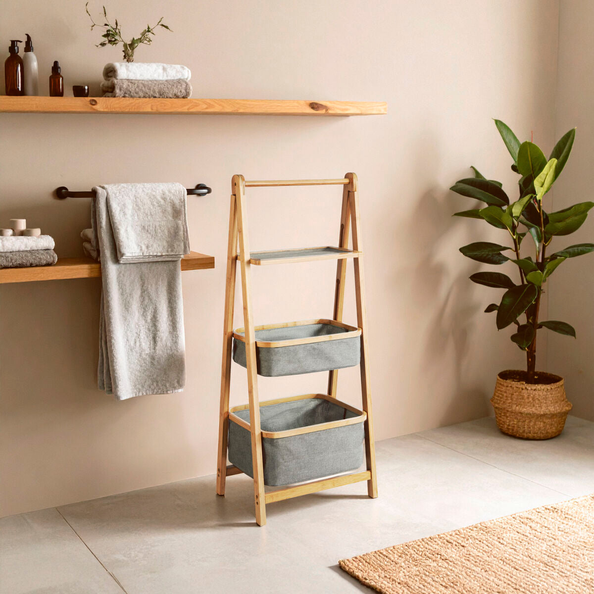 Bathroom with wooden shelves, towel rack, and ladder storage unit.
