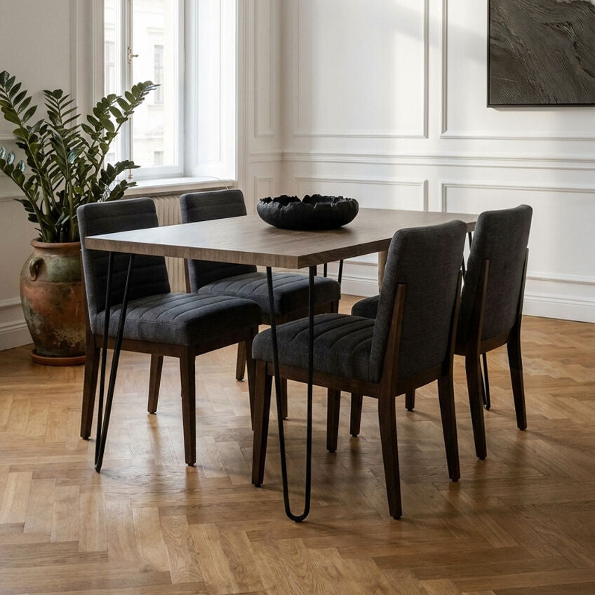 Natural Nordic Wood Effect Veneer Top Dining Table with Black Metal Hairpin Legs, Borough