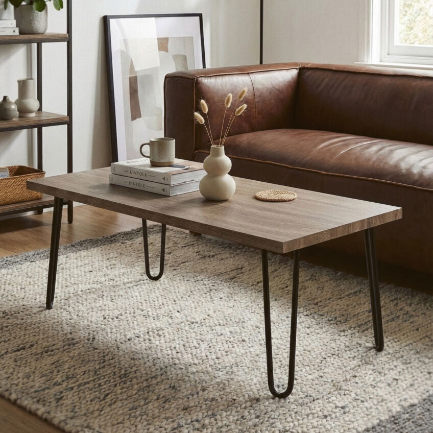 Natural Wood Effect Veneer Coffee Table with Black Metal Hairpin Legs | Borough