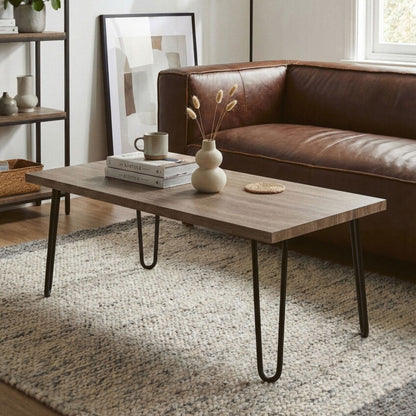 Natural Wood Effect Veneer Coffee Table with Black Metal Hairpin Legs | Borough
