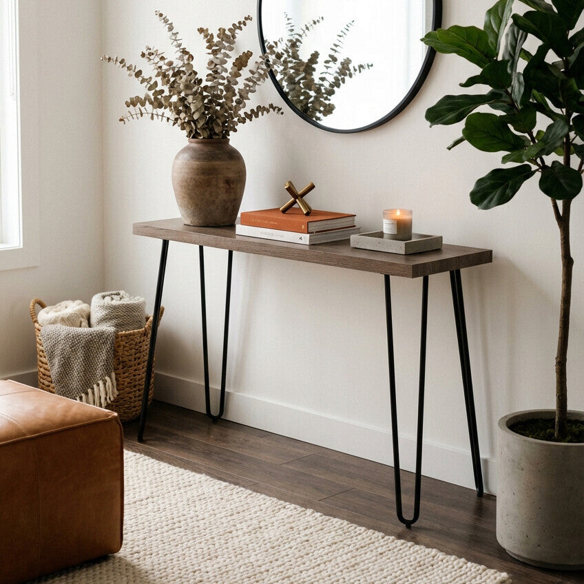 Borough Veneer Top Console Table With Hairpin Metal Legs