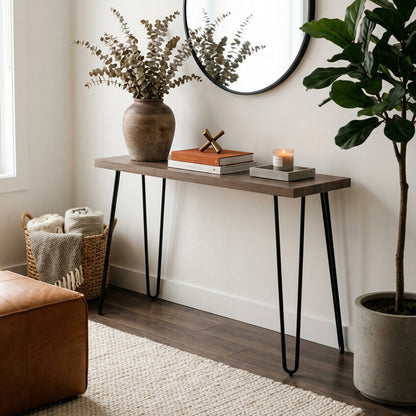Borough Veneer Top Console Table With Hairpin Metal Legs