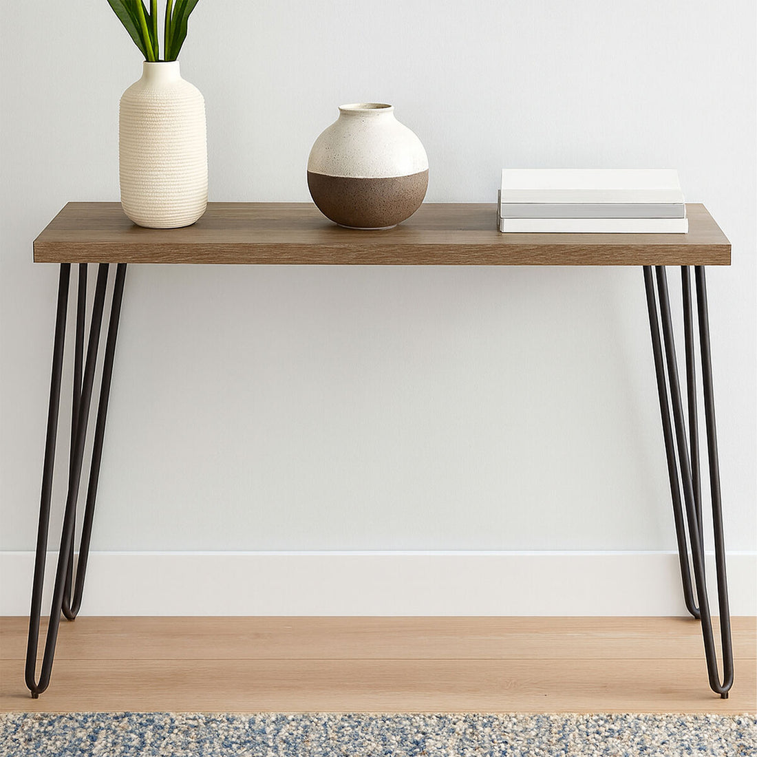 Borough Wooden Top Console Table With Hairpin Metal Legs