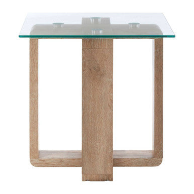 Glass-top side table with wooden legs on a white background