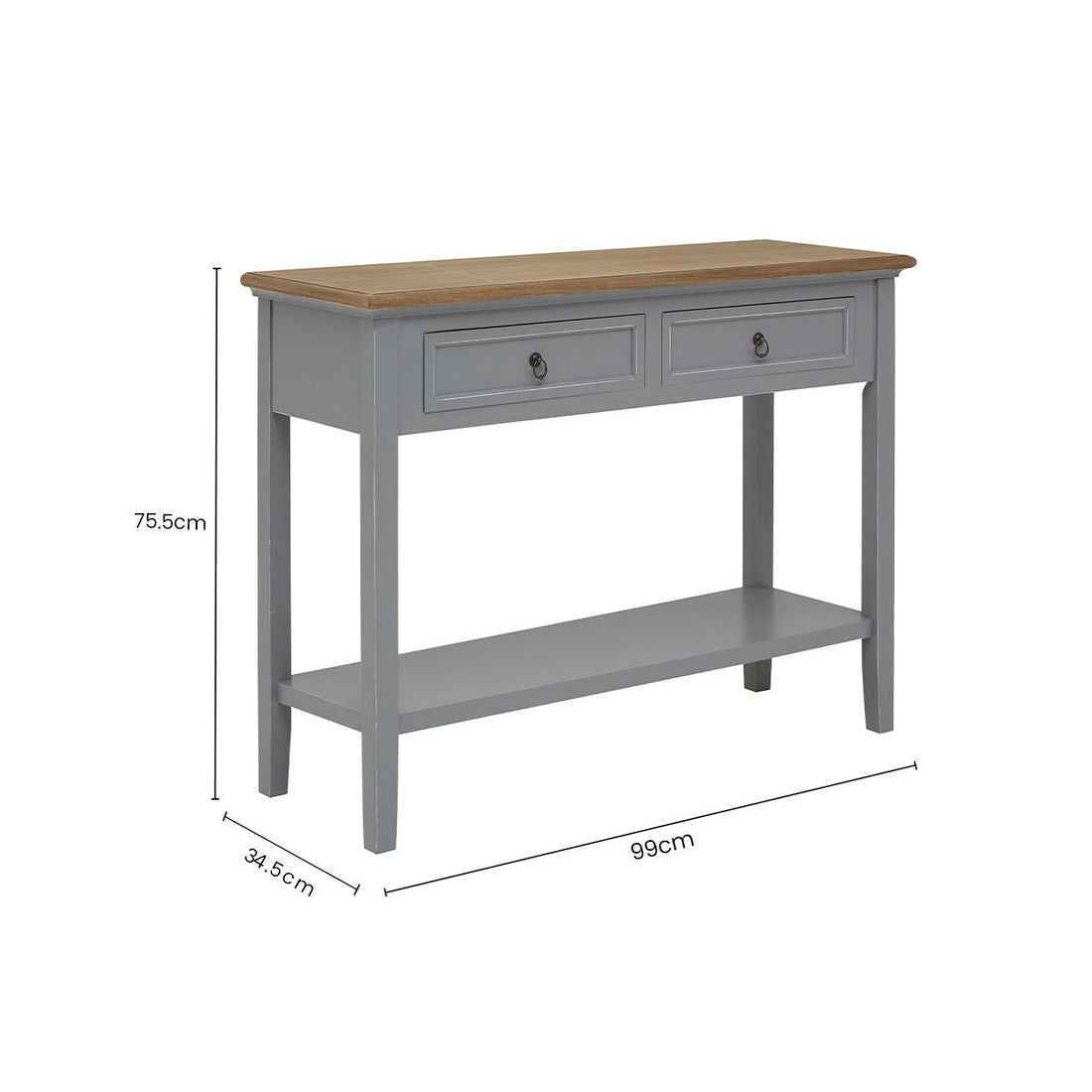 Natural Wooden Top and Grey Wooden Frame Console Table with 2 Drawers and Metal Ring Handles, Henley