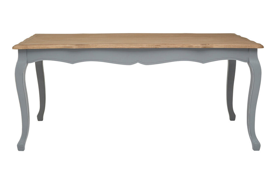 Dining table with wooden top and gray base on a white background