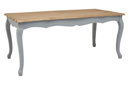 Table with wooden top and gray base on a white background