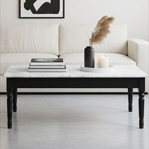 White and Grey Veining Marble Top Coffee Table with Black Carved Wooden Legs, Henley