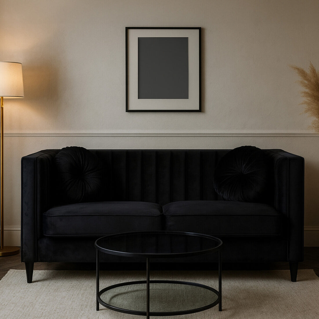 Farah Two Seat Black Velvet Sofa