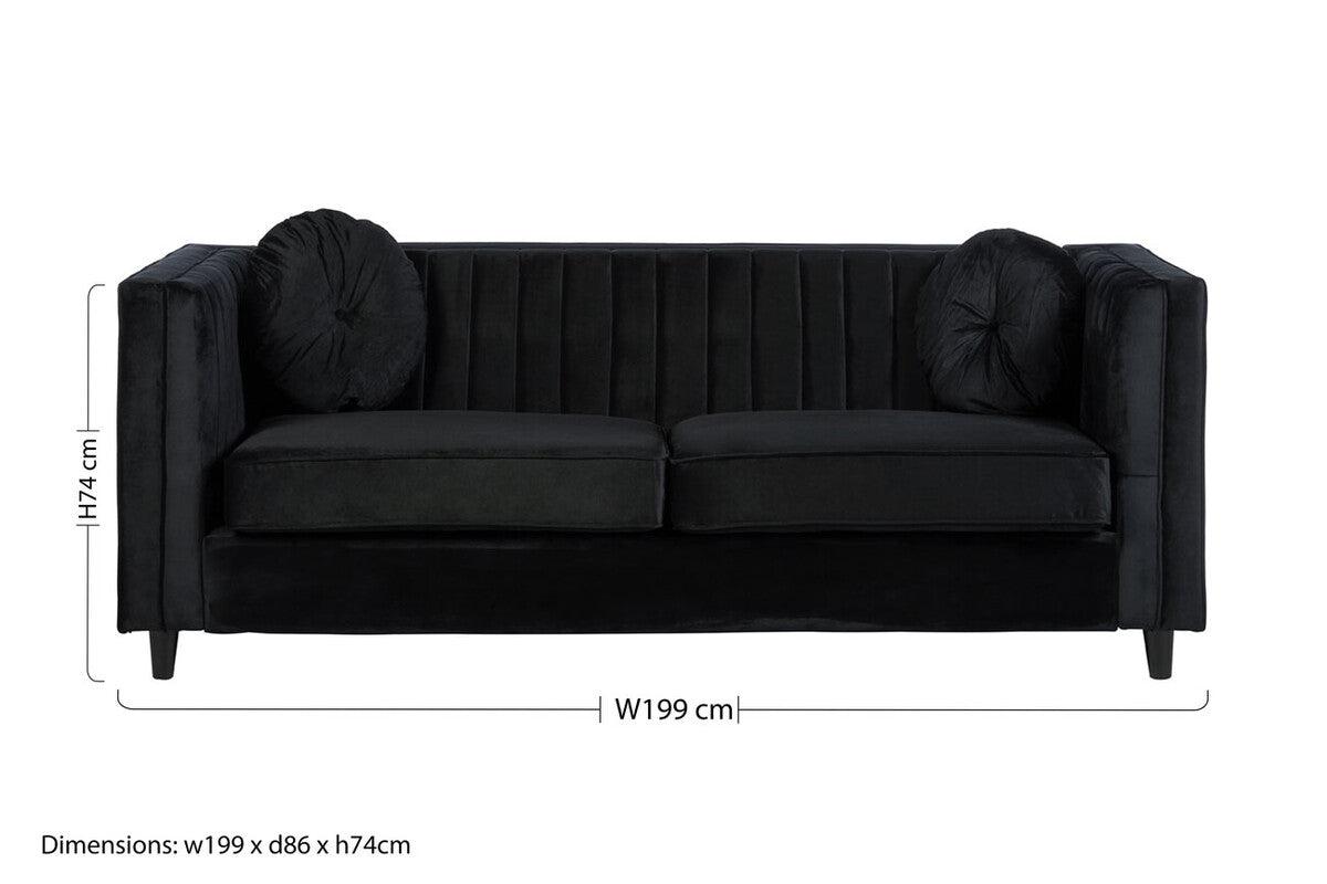 Farah Three Seater Black Velvet Sofa