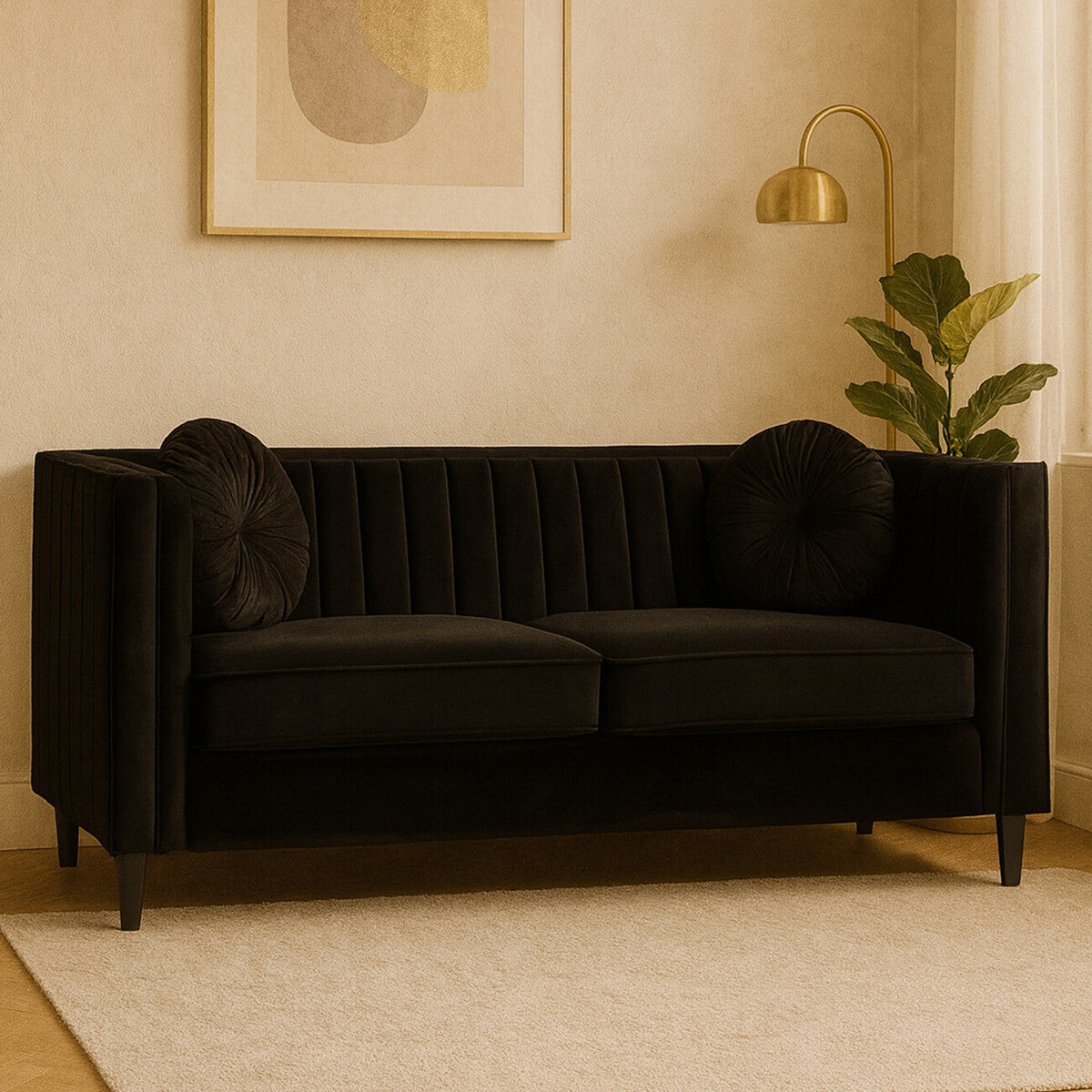Farah Three Seater Black Velvet Sofa