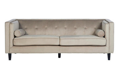Beige sofa with tufted backrest on a white background