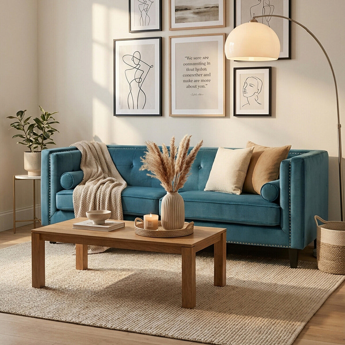 3 Seater Teal Blue Velvet Sofa, Felisa