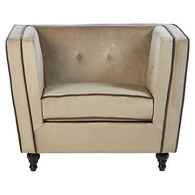 Beige armchair with tufted backrest on a white background