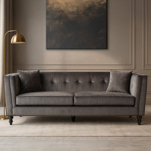 Ferris Grey Velvet Button Tufted 3 Seater Sofa
