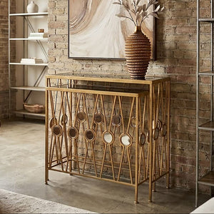 Faiza Black Glass and Gold Finish Set of 2 Console Tables