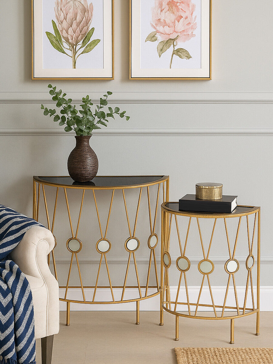 Set of 2 Black Glass Tops Console Tables with Gold Finish Cross Frame, Faiza