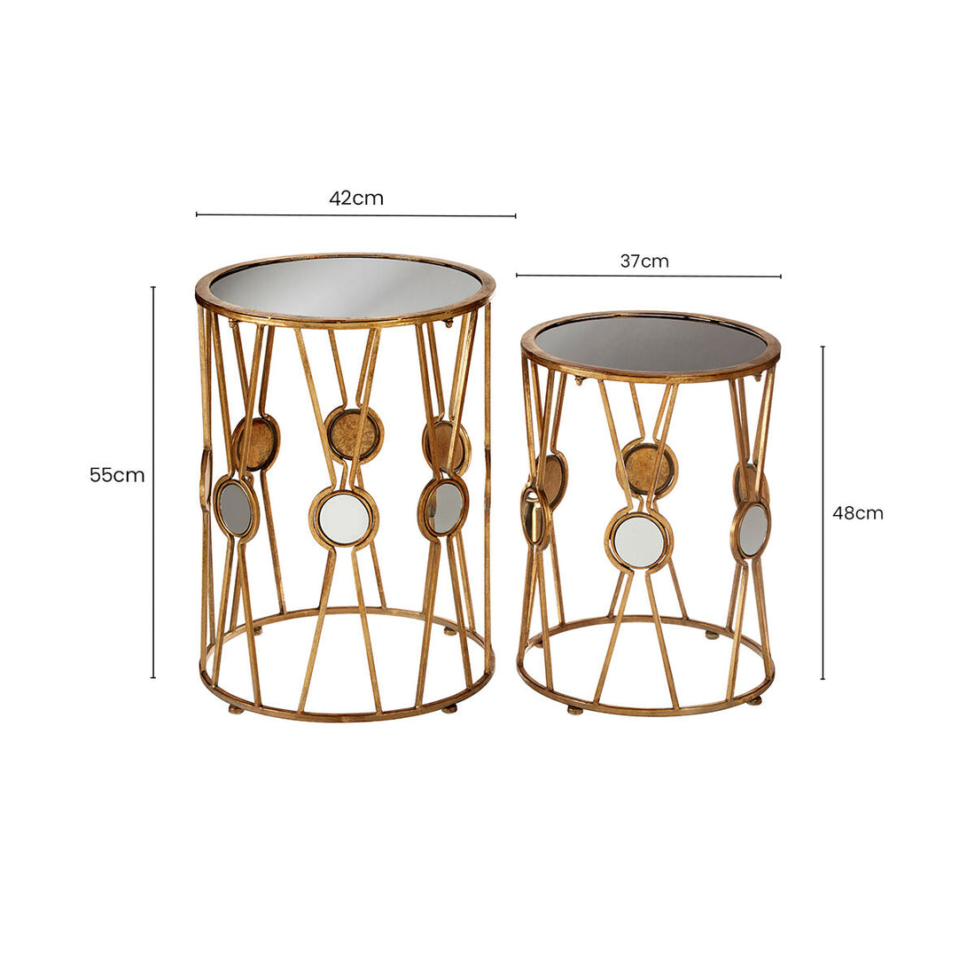 Set of 2 Black Glass Top and Gold Cross Design Rounded Side Tables with Mirror Detail, Faiza