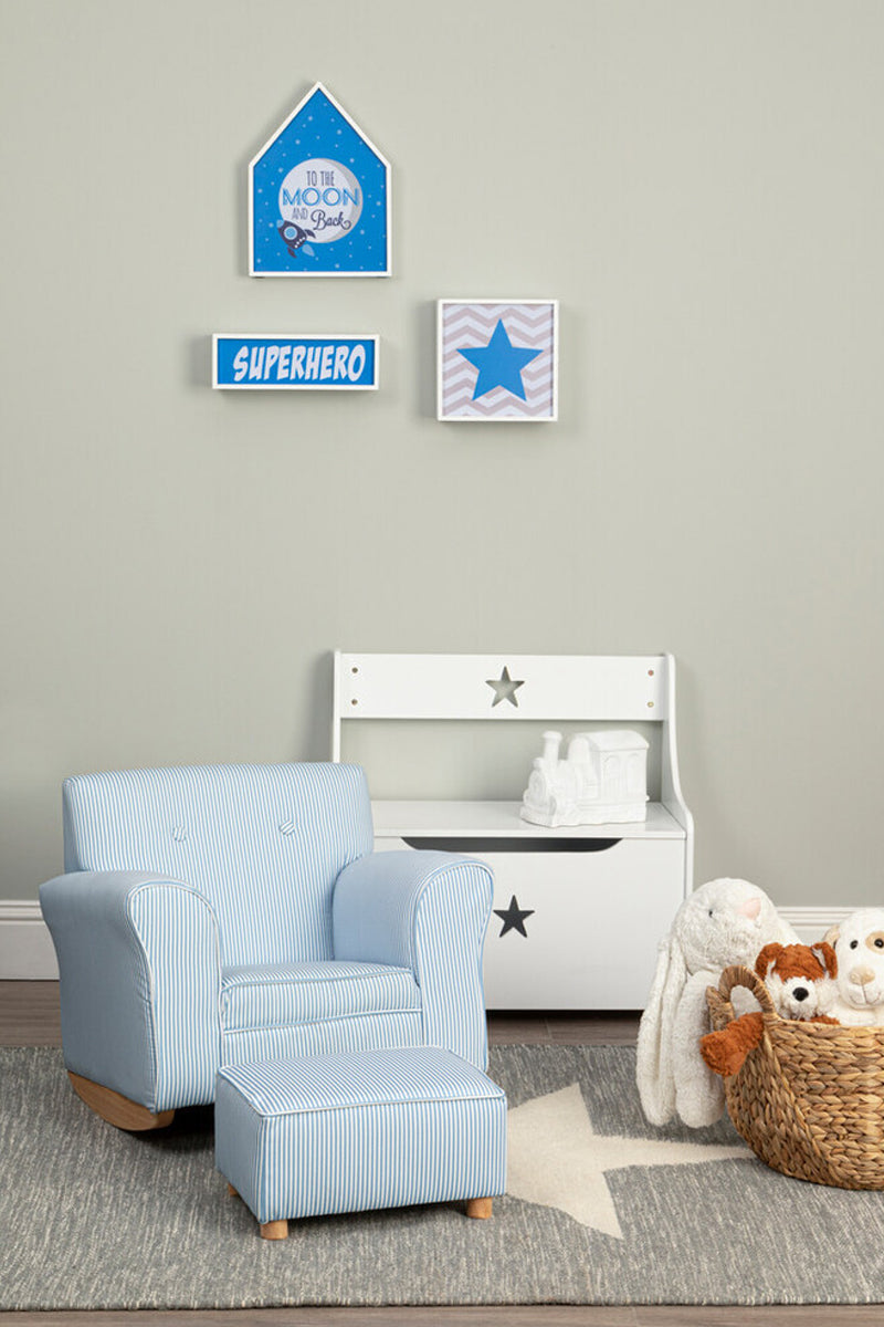 Kids Blue And White Stripe Rocker With Footstool