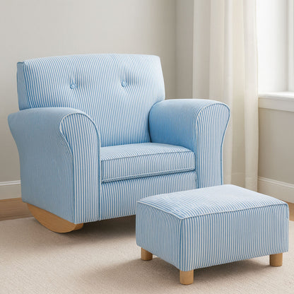 Blue striped armchair with matching ottoman in a room with neutral walls and a window.