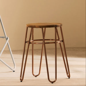 District Wooden Stool with Rose Gold Finish Hairpin Legs