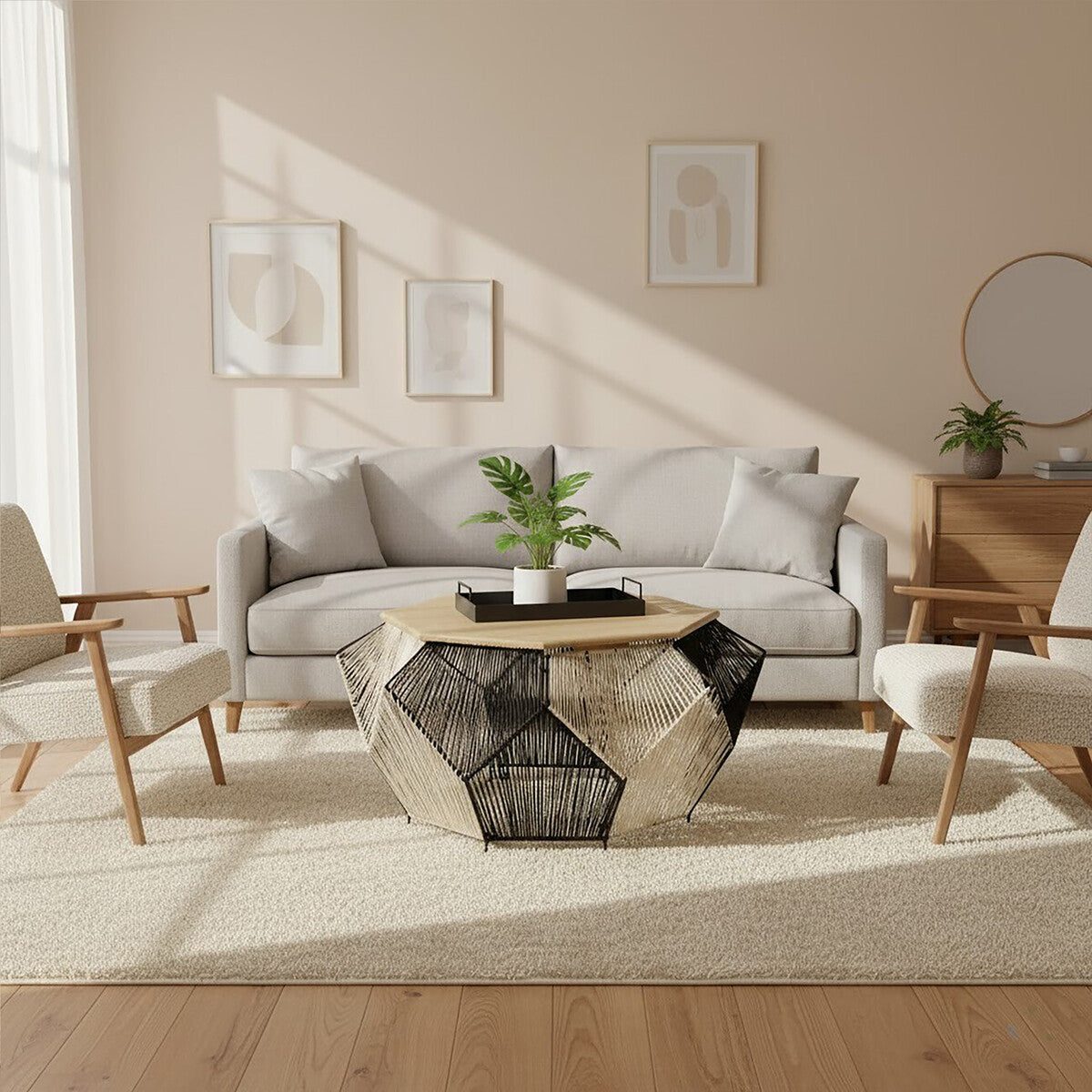 Modern living room with a gray sofa, wooden coffee table, and armchairs.