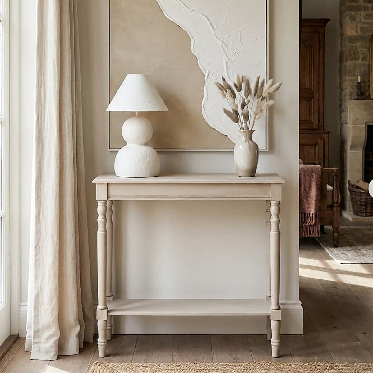 Grey Wooden Console Table with Spindle Legs and Bottom Shelf | Heritage