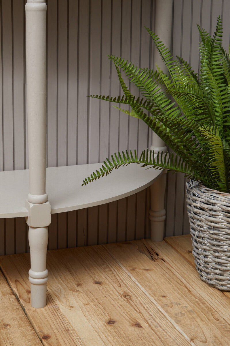 Heritage Grey Putty Wooden Half Moon Console Table with Lower Shelf