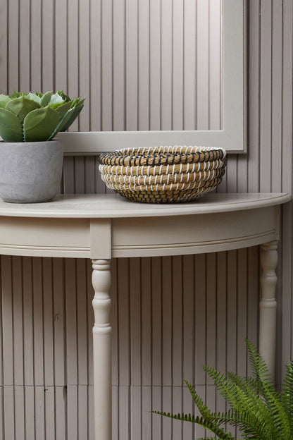 Heritage Grey Putty Wooden Half Moon Console Table with Lower Shelf