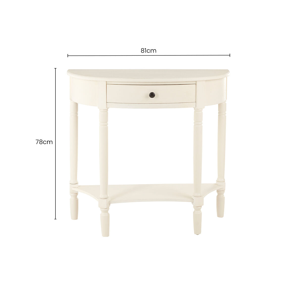White Semi Circular Top Pine Wood One-Drawer Console Table with Lower Storage Shelf, Heritage