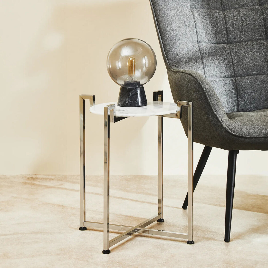 White Marble Top Side Table with Angular Chrome Metal Frame, Cibal