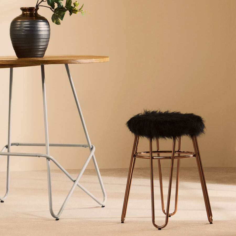 District Faux Fur Rose Gold Finish Stool