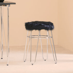 District Black Faux Fur Stool with Chrome Finish Hairpin Legs