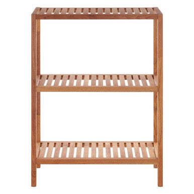 Wooden shelf with three slatted shelves on a white background