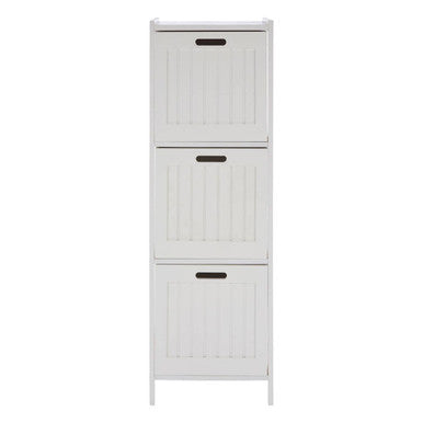 White storage cabinet with three doors on a white background