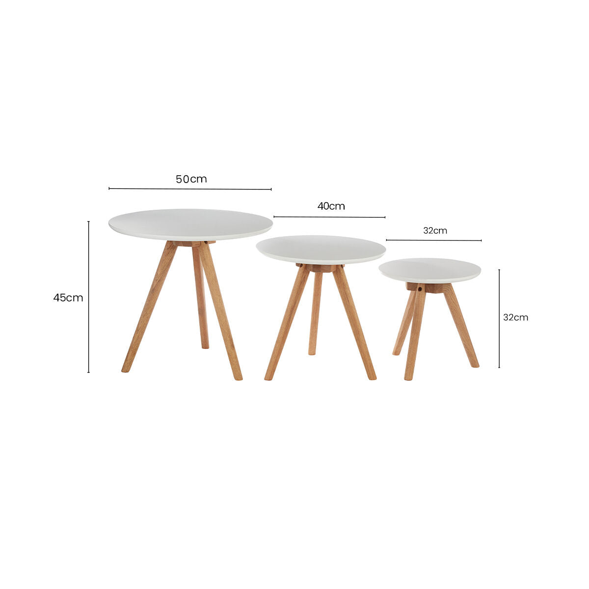 Set of 3 White MDF Top Side Tables with Natural Tapered Legs, Nostra