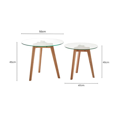 Set of 2 Clear Glass Top Side Tables with Oak Wood Base | Nostra