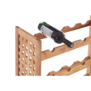 Wooden wine rack holding a bottle on a white background