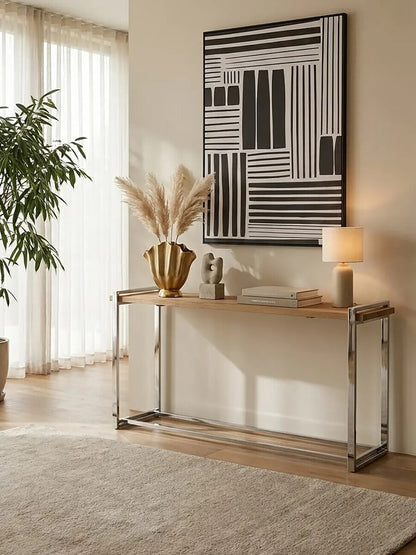 Natural Elm Wood Console Table with Metal Frame, Menteng