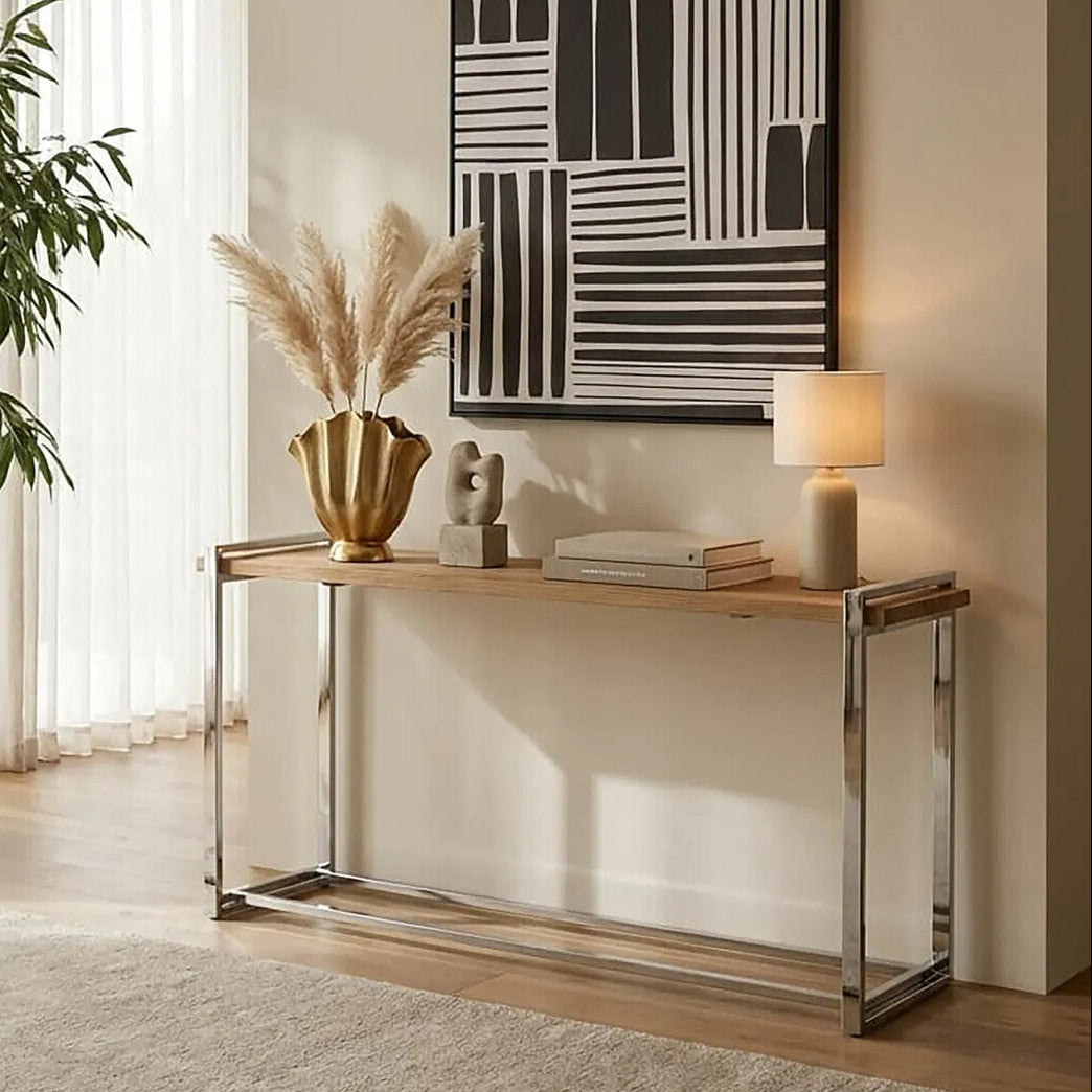 Modern console table with decorative items in a living room setting