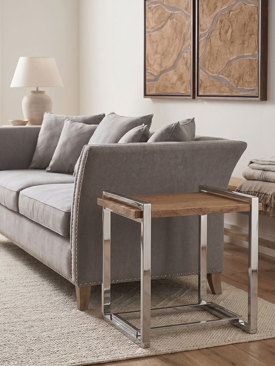 Natural Recycled Elm Wood Top Side Table with Metal Base, Menteng