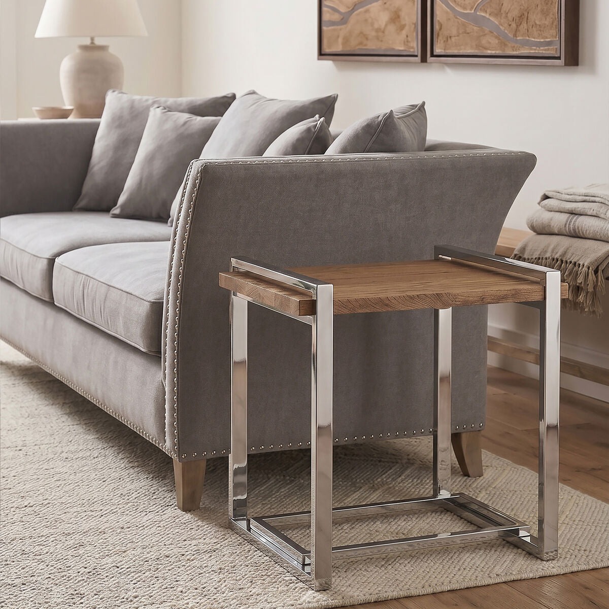 Natural Recycled Elm Wood Top Side Table with Metal Base, Menteng