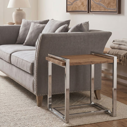 Natural Recycled Elm Wood Top Side Table with Metal Base, Menteng