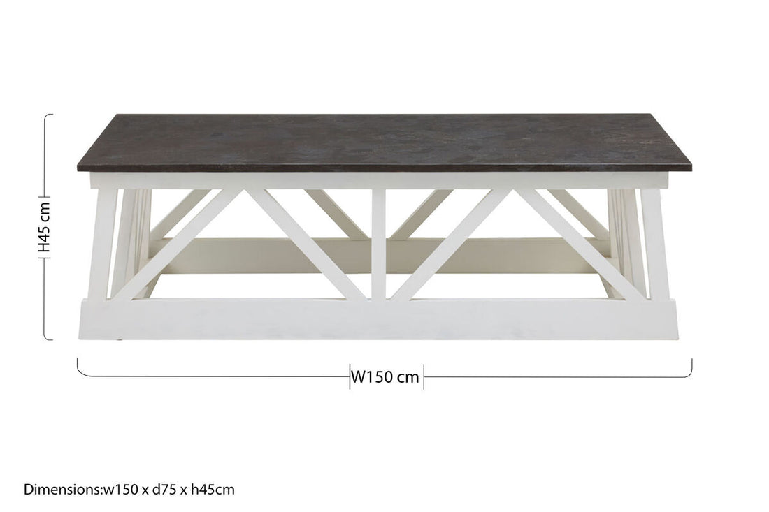 Black Stone Top Coffee Table with White Alder Wood Carved Base, Monas