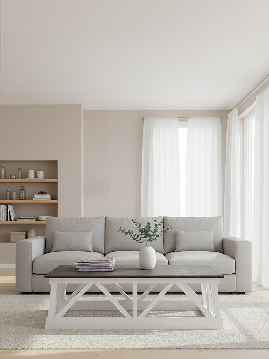 Black Stone Top Coffee Table with White Alder Wood Carved Base, Monas