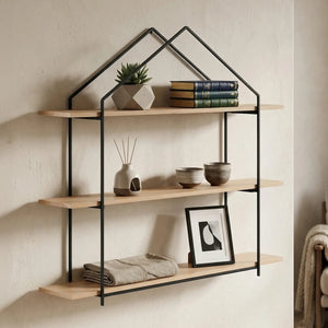 Brixton Black and Natural Wooden 3 Tier House Shaped Wall Shelf
