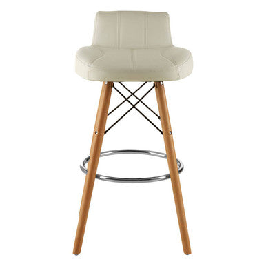 Bar stool with white cushioned seat and wooden legs on a white background