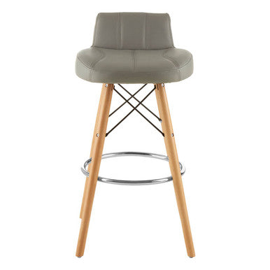 Bar stool with gray cushioned seat and wooden legs on a white background