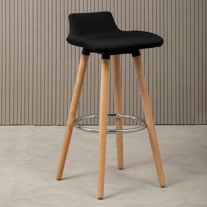 Black bar stool with wooden legs against a striped wall.